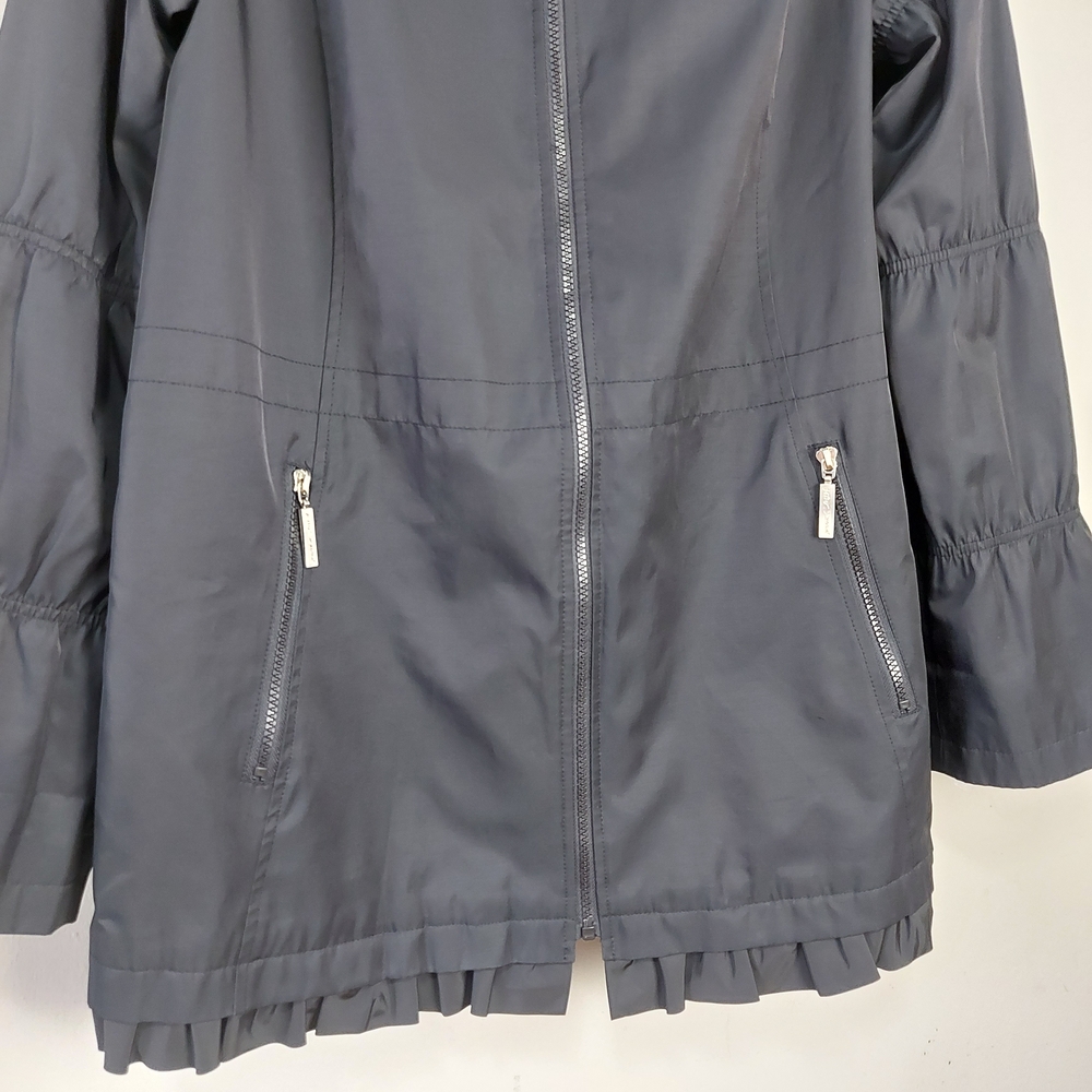 Betsey Johnson Women Hooded Jacket Large Black Zip Up Lined Ruffle Hem Mock Neck - Picture 6 of 16
